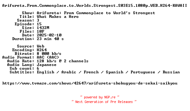 NFO for the release Arifureta.From.Commonplace.to.Worlds.Strongest.S03E15.1080p.WEB.H264-KAWAII by KAWAII