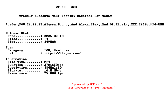 NFO for the release AcademyPOV.21.12.23.Alyssa.Bounty.And.Alexa.Flexy.End.Of.Rivalry.XXX.2160p.MP4-WRB by WRB