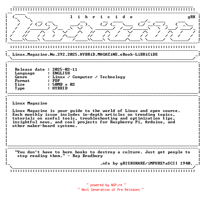 NFO for the release Linux.Magazine.No.292.2025.HYBRiD.MAGAZiNE.eBook-LiBRiCiDE by LiBRiCiDE