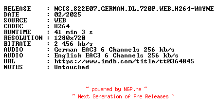 NFO for the release NCIS.S22E07.GERMAN.DL.720P.WEB.H264-WAYNE by WAYNE