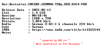 NFO for the release Der.Bestatter.S05E02.GERMAN.720p.WEB.H264-FWB by FWB