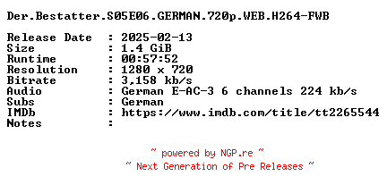 NFO for the release Der.Bestatter.S05E06.GERMAN.720p.WEB.H264-FWB by FWB
