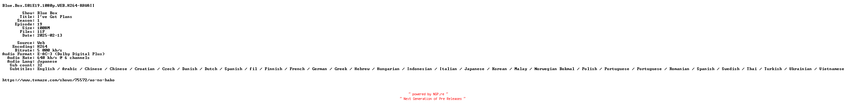 NFO for the release Blue.Box.S01E19.1080p.WEB.H264-KAWAII by KAWAII