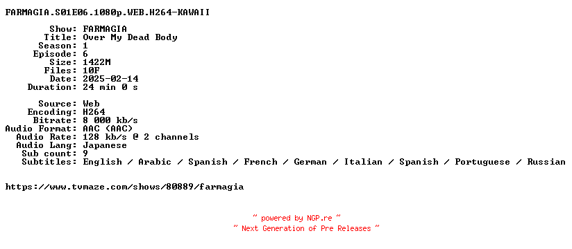 NFO for the release FARMAGIA.S01E06.1080p.WEB.H264-KAWAII by KAWAII