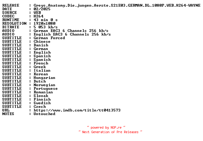 NFO for the release Greys.Anatomy.Die.jungen.Aerzte.S21E03.GERMAN.DL.1080P.WEB.H264-WAYNE by WAYNE