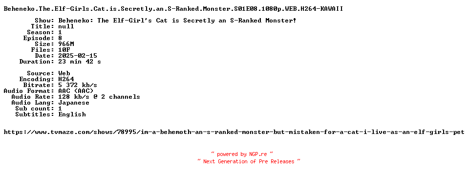 NFO for the release Beheneko.The.Elf-Girls.Cat.is.Secretly.an.S-Ranked.Monster.S01E08.1080p.WEB.H264-KAWAII by KAWAII