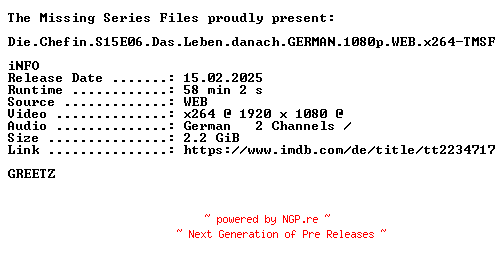NFO for the release Die.Chefin.S15E06.Das.Leben.danach.GERMAN.1080p.WEB.x264-TMSF by TMSF
