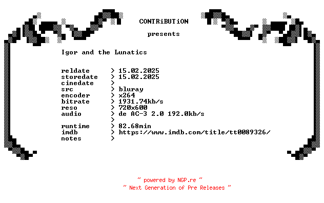 NFO for the release Igor.and.the.Lunatics.1985.German.BDRip.x264-CONTRiBUTiON by CONTRiBUTiON
