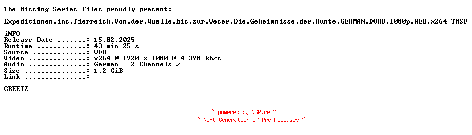 NFO for the release Expeditionen.ins.Tierreich.Von.der.Quelle.bis.zur.Weser.Die.Geheimnisse.der.Hunte.GERMAN.DOKU.1080p.WEB.x264-TMSF by TMSF