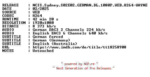 NFO for the release NCIS.Sydney.S02E02.GERMAN.DL.1080P.WEB.H264-WAYNE by WAYNE