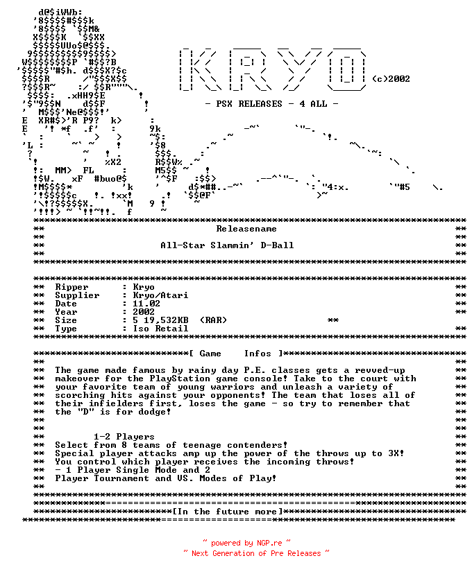 NFO for the release All-Star.Slammin.D-Ball_USA_PS1-KrYo by KrYo