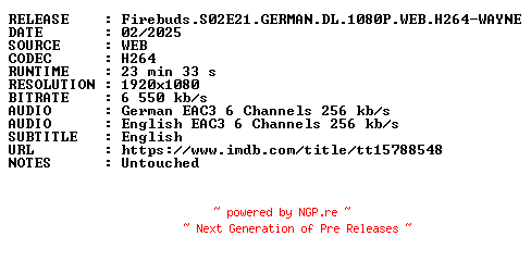 NFO for the release Firebuds.S02E21.GERMAN.DL.1080P.WEB.H264-WAYNE by WAYNE