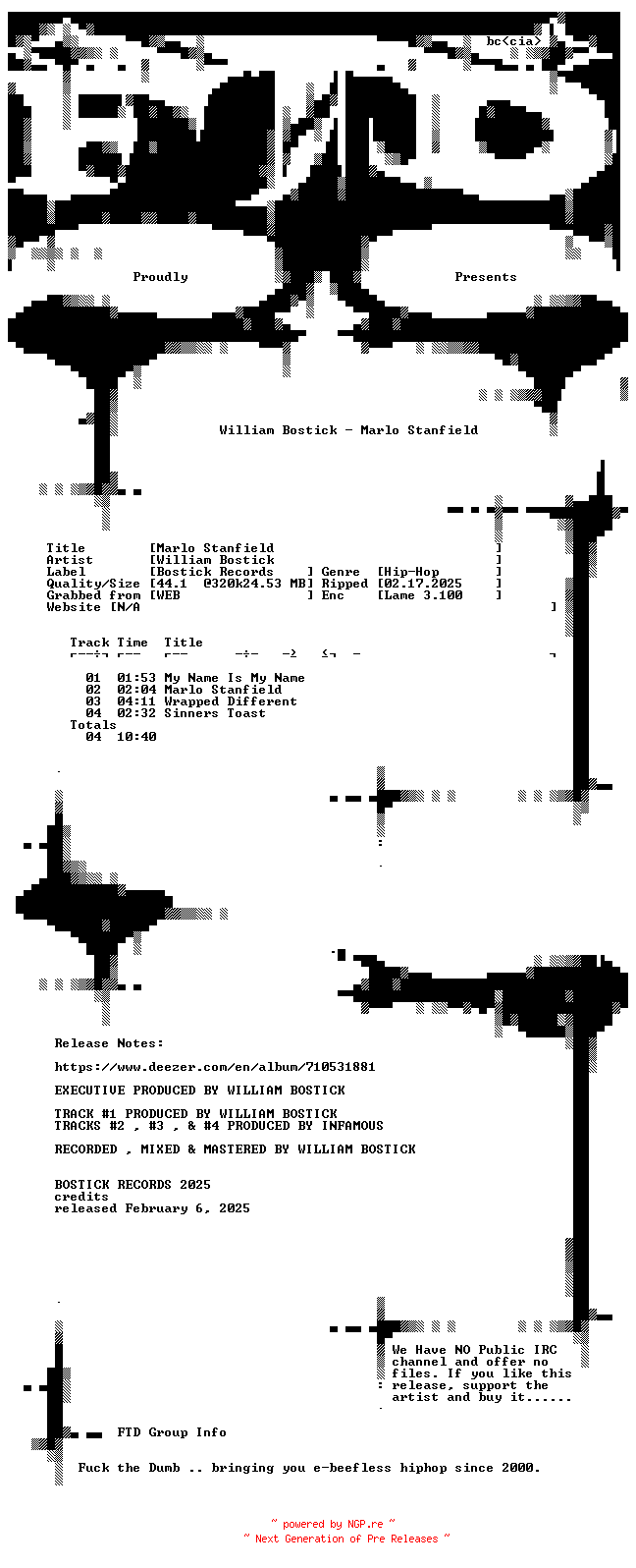 NFO for the release William_Bostick-Marlo_Stanfield-EP-WEB-2025-FTD by FTD