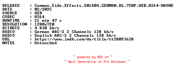 NFO for the release Common.Side.Effects.S01E04.GERMAN.DL.720P.WEB.H264-WAYNE by WAYNE