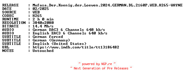 NFO for the release Mufasa.Der.Koenig.der.Loewen.2024.GERMAN.DL.2160P.WEB.H265-WAYNE by WAYNE