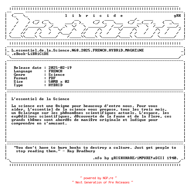 NFO for the release L.essentiel.de.la.Science.N68.2025.FRENCH.HYBRiD.MAGAZiNE.eBook-LiBRiCiDE by LiBRiCiDE