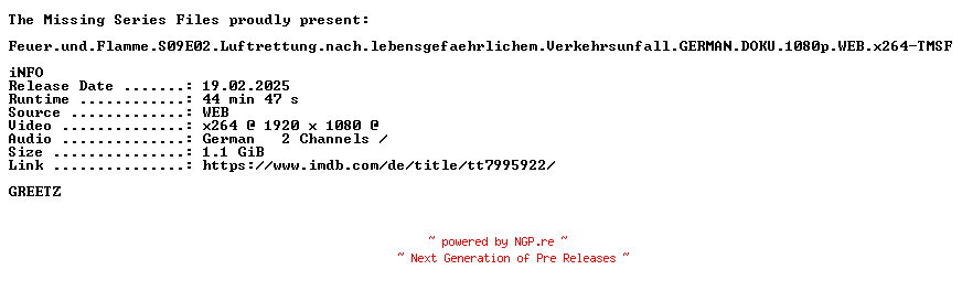 NFO for the release Feuer.und.Flamme.S09E02.Luftrettung.nach.lebensgefaehrlichem.Verkehrsunfall.GERMAN.DOKU.1080p.WEB.x264-TMSF by TMSF