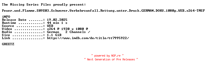 NFO for the release Feuer.und.Flamme.S09E03.Schwerer.Verkehrsunfall.Rettung.unter.Druck.GERMAN.DOKU.1080p.WEB.x264-TMSF by TMSF