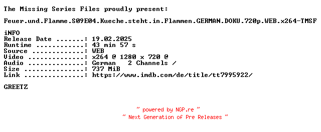NFO for the release Feuer.und.Flamme.S09E04.Kueche.steht.in.Flammen.GERMAN.DOKU.720p.WEB.x264-TMSF by TMSF