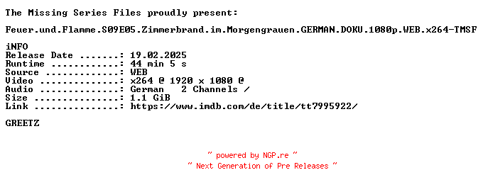 NFO for the release Feuer.und.Flamme.S09E05.Zimmerbrand.im.Morgengrauen.GERMAN.DOKU.1080p.WEB.x264-TMSF by TMSF