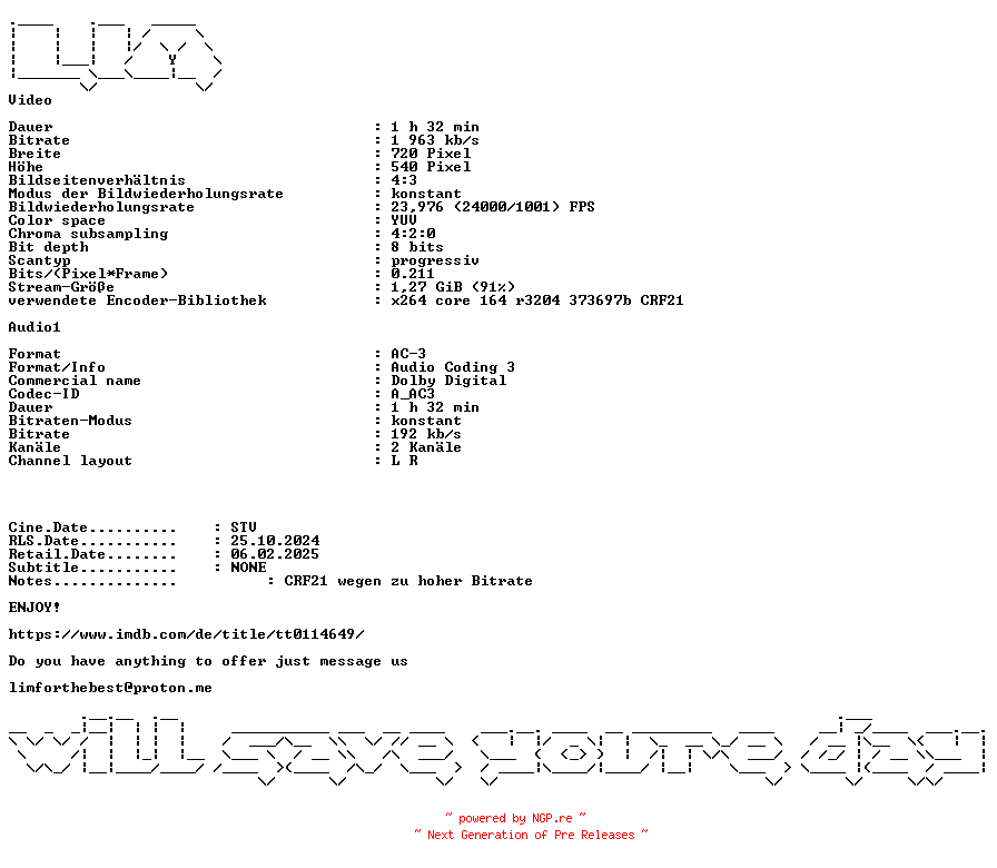 NFO for the release Terminal.Rush.German.1996.OPEN.MATTE.AC3.BDRiP.x264-LIM by LIM