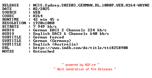 NFO for the release NCIS.Sydney.S02E03.GERMAN.DL.1080P.WEB.H264-WAYNE by WAYNE