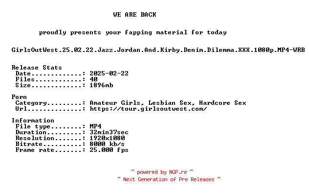 NFO for the release GirlsOutWest.25.02.22.Jazz.Jordan.And.Kirby.Denim.Dilemma.XXX.1080p.MP4-WRB by WRB