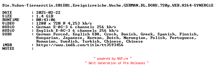 NFO for the release Die.Yukon-Tieraerztin.S01E01.Ereignisreiche.Woche.GERMAN.DL.DOKU.720p.WEB.H264-SYNERGiE by SYNERGiE