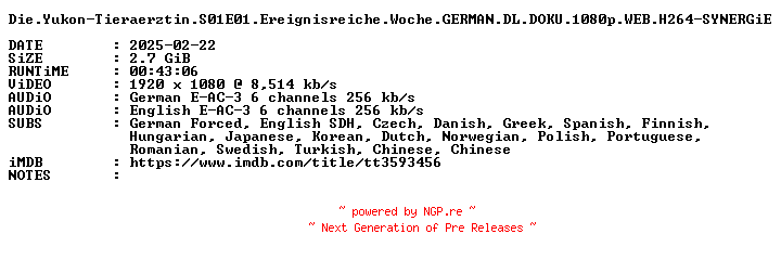 NFO for the release Die.Yukon-Tieraerztin.S01E01.Ereignisreiche.Woche.GERMAN.DL.DOKU.1080p.WEB.H264-SYNERGiE by SYNERGiE