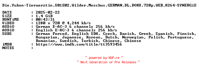 NFO for the release Die.Yukon-Tieraerztin.S01E02.Wilder.Moschus.GERMAN.DL.DOKU.720p.WEB.H264-SYNERGiE by SYNERGiE