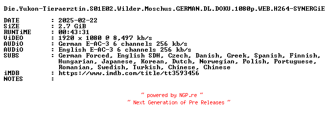 NFO for the release Die.Yukon-Tieraerztin.S01E02.Wilder.Moschus.GERMAN.DL.DOKU.1080p.WEB.H264-SYNERGiE by SYNERGiE