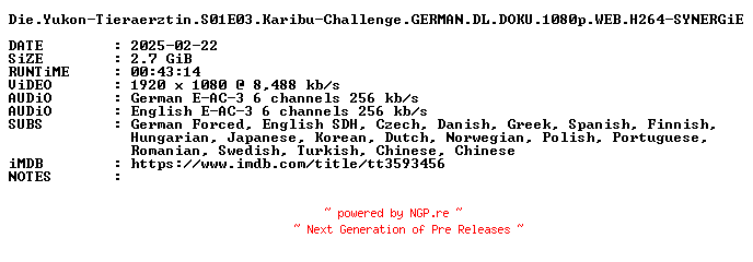 NFO for the release Die.Yukon-Tieraerztin.S01E03.Karibu-Challenge.GERMAN.DL.DOKU.1080p.WEB.H264-SYNERGiE by SYNERGiE