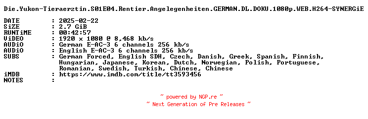 NFO for the release Die.Yukon-Tieraerztin.S01E04.Rentier.Angelegenheiten.GERMAN.DL.DOKU.1080p.WEB.H264-SYNERGiE by SYNERGiE