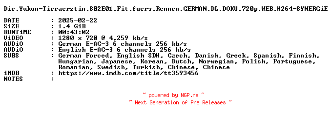 NFO for the release Die.Yukon-Tieraerztin.S02E01.Fit.fuers.Rennen.GERMAN.DL.DOKU.720p.WEB.H264-SYNERGiE by SYNERGiE