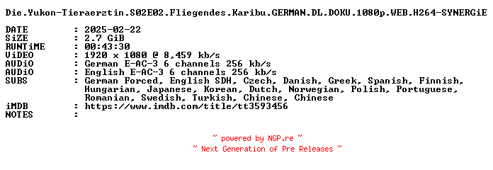 NFO for the release Die.Yukon-Tieraerztin.S02E02.Fliegendes.Karibu.GERMAN.DL.DOKU.1080p.WEB.H264-SYNERGiE by SYNERGiE