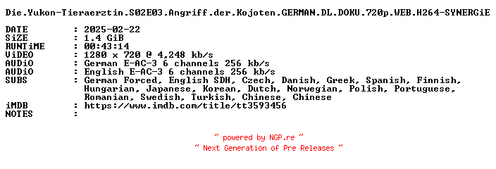 NFO for the release Die.Yukon-Tieraerztin.S02E03.Angriff.der.Kojoten.GERMAN.DL.DOKU.720p.WEB.H264-SYNERGiE by SYNERGiE