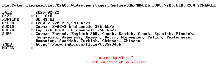 NFO for the release Die.Yukon-Tieraerztin.S02E05.Widerspenstiges.Rentier.GERMAN.DL.DOKU.720p.WEB.H264-SYNERGiE by SYNERGiE
