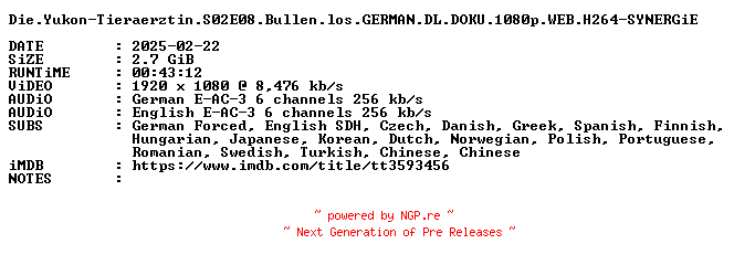 NFO for the release Die.Yukon-Tieraerztin.S02E08.Bullen.los.GERMAN.DL.DOKU.1080p.WEB.H264-SYNERGiE by SYNERGiE