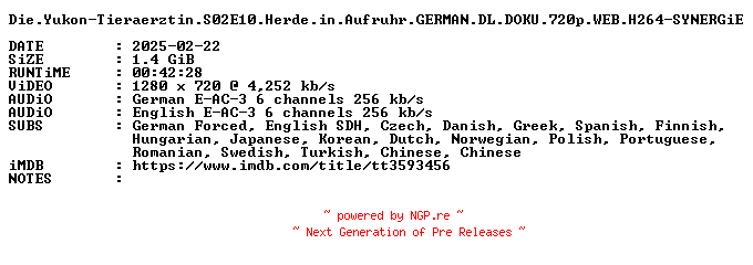NFO for the release Die.Yukon-Tieraerztin.S02E10.Herde.in.Aufruhr.GERMAN.DL.DOKU.720p.WEB.H264-SYNERGiE by SYNERGiE