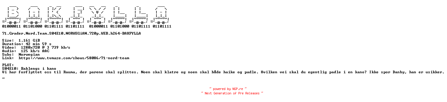 NFO for the release 71.Grader.Nord.Team.S04E10.NORWEGiAN.720p.WEB.h264-BAKFYLLA by BAKFYLLA