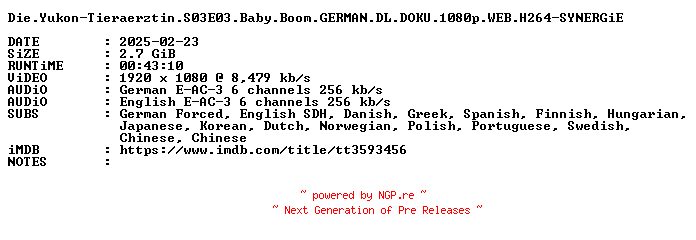 NFO for the release Die.Yukon-Tieraerztin.S03E03.Baby.Boom.GERMAN.DL.DOKU.1080p.WEB.H264-SYNERGiE by SYNERGiE