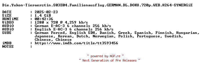 NFO for the release Die.Yukon-Tieraerztin.S03E04.Familienausflug.GERMAN.DL.DOKU.720p.WEB.H264-SYNERGiE by SYNERGiE