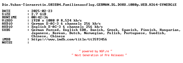 NFO for the release Die.Yukon-Tieraerztin.S03E04.Familienausflug.GERMAN.DL.DOKU.1080p.WEB.H264-SYNERGiE by SYNERGiE