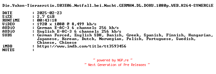 NFO for the release Die.Yukon-Tieraerztin.S03E06.Notfall.bei.Nacht.GERMAN.DL.DOKU.1080p.WEB.H264-SYNERGiE by SYNERGiE