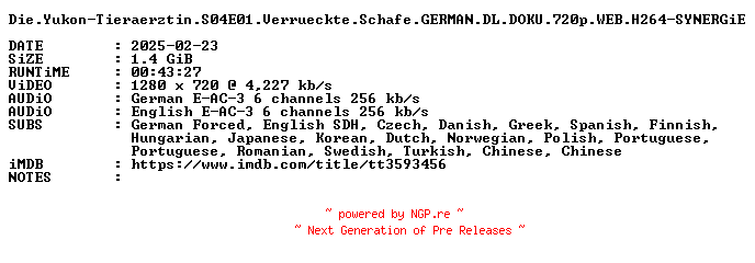 NFO for the release Die.Yukon-Tieraerztin.S04E01.Verrueckte.Schafe.GERMAN.DL.DOKU.720p.WEB.H264-SYNERGiE by SYNERGiE