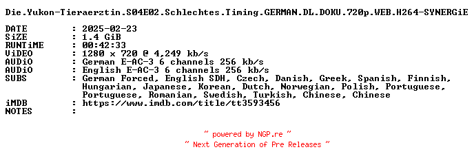 NFO for the release Die.Yukon-Tieraerztin.S04E02.Schlechtes.Timing.GERMAN.DL.DOKU.720p.WEB.H264-SYNERGiE by SYNERGiE