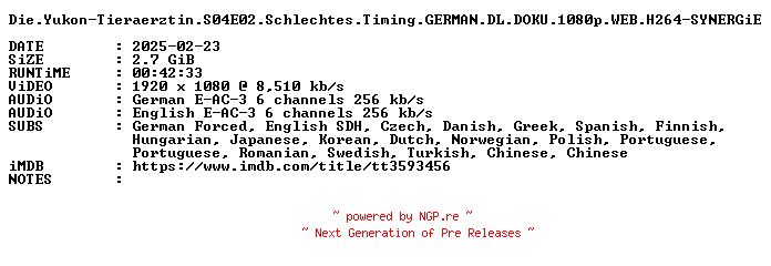 NFO for the release Die.Yukon-Tieraerztin.S04E02.Schlechtes.Timing.GERMAN.DL.DOKU.1080p.WEB.H264-SYNERGiE by SYNERGiE