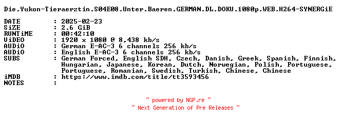 NFO for the release Die.Yukon-Tieraerztin.S04E08.Unter.Baeren.GERMAN.DL.DOKU.1080p.WEB.H264-SYNERGiE by SYNERGiE