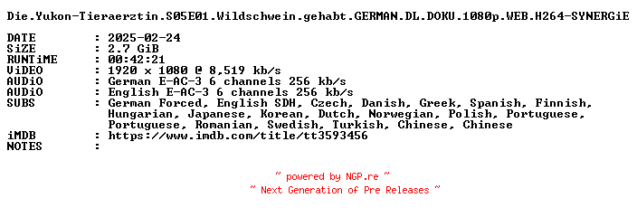 NFO for the release Die.Yukon-Tieraerztin.S05E01.Wildschwein.gehabt.GERMAN.DL.DOKU.1080p.WEB.H264-SYNERGiE by SYNERGiE