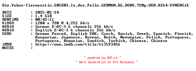 NFO for the release Die.Yukon-Tieraerztin.S05E03.In.der.Falle.GERMAN.DL.DOKU.720p.WEB.H264-SYNERGiE by SYNERGiE